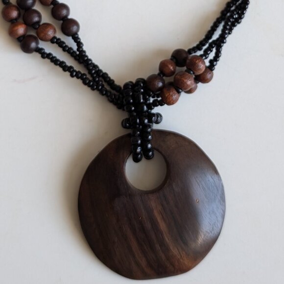 Brown and Black Statement Necklace, Beaded and Wood - Picture 1 of 4